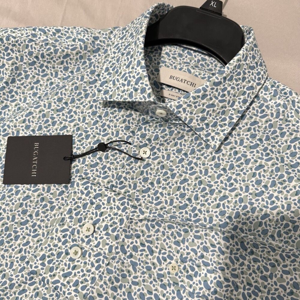 Bugatchi Shirt Men’s FF9200K60 Floral Cotton Long Sleeve in Teal - M